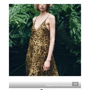 Zara Leopard Print Cotton Midi Dress Olive Green Brown Animal V-Neck Open Back M